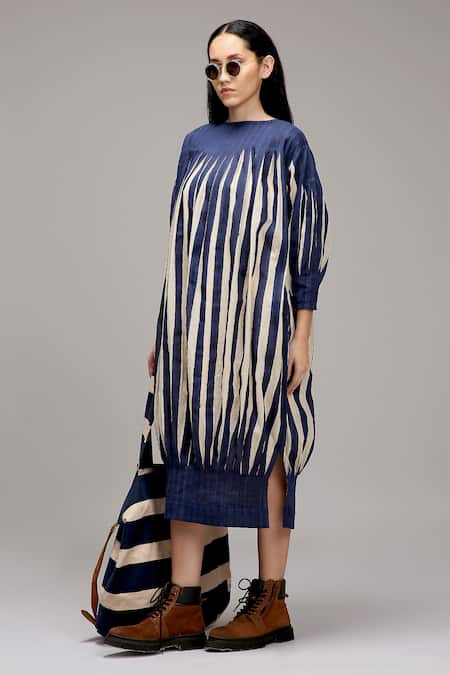 Buy MATI_1 Off White Cotton Round Neck Striped Pleated Midi Dress Online at Aza Fashions Buy_MATI_1_Off White Cotton Round Neck Striped Pleated Midi Dress _Online_at_Aza_Fashions