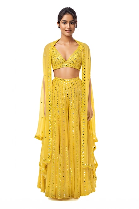 Tamanna Punjabi Kapoor Yellow Georgette V Neck Embroidered Sharara With Cape Set 