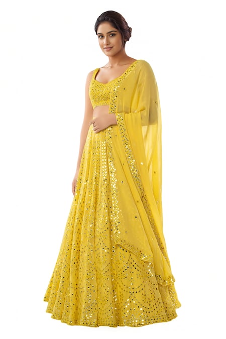 Tamanna Punjabi Kapoor Yellow Georgette Sweetheart Neck Embroidered Bridal Lehenga Set 