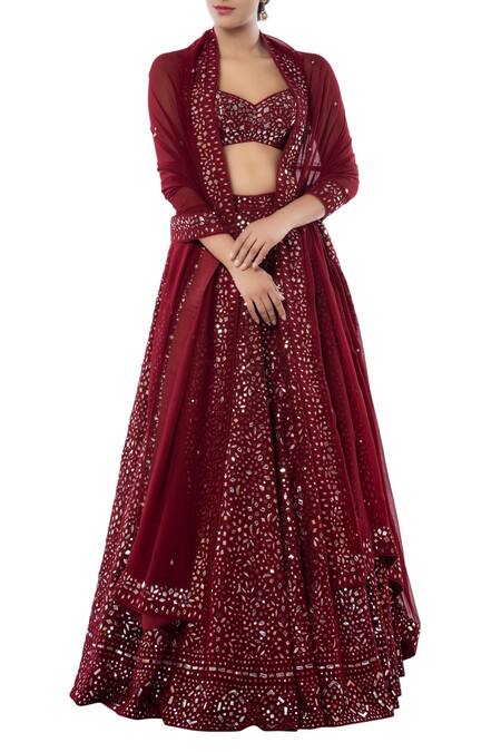Tamanna Punjabi Kapoor Maroon Georgette Decolletage Embroidered Bridal Lehenga Set at Aza Fashions Tamanna Punjabi Kapoor_Maroon Georgette Decolletage Embroidered Bridal Lehenga Set _at_Aza_Fashions