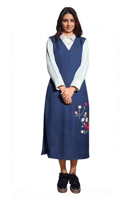 The Loom Art Blue Wool Thread Embroidery V Neck Midi Dress