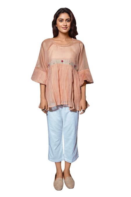 The Loom Art Peach Kota Doriya Round Embroidered Pleated Top