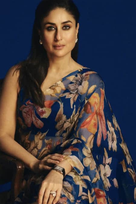 Buy_Atelier Shikaarbagh_Blue Chiffon, Chanderi Printed Saree With Unstitched Blouse Piece _at_Aza_Fashions