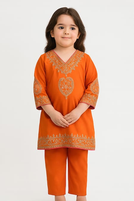 Tiny Pants Orange Cotton, Silk Embroidery Kurta And Pyjama Set 