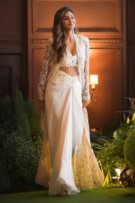 Asaga Ivory Tulle, Satin, Organza Cut Work, Moon Pie Hand Jacket And Skirt Set 