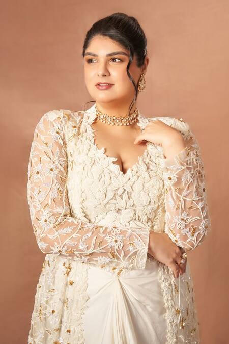 Asaga Ivory Tulle, Satin, Organza Cut Work, Moon Pie Hand Jacket And Skirt Set at Aza Fashions Asaga_Ivory Tulle, Satin, Organza Cut Work, Moon Pie Hand Jacket And Skirt Set _at_Aza_Fashions