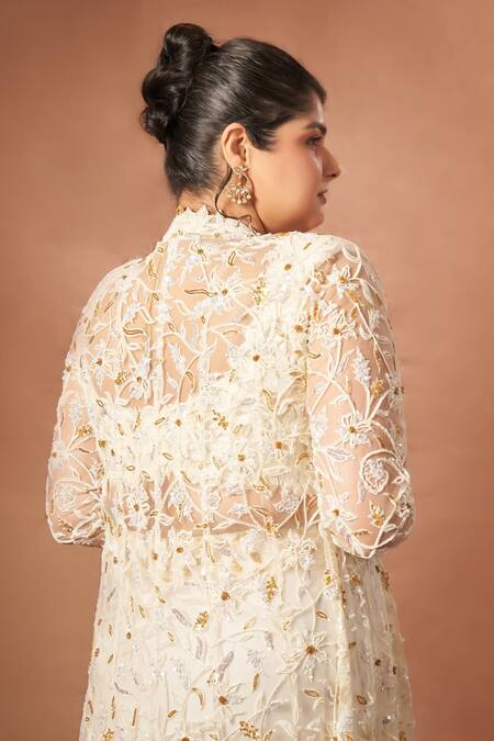 Buy Asaga Ivory Tulle, Satin, Organza Cut Work, Moon Pie Hand Jacket And Skirt Set Buy_Asaga_Ivory Tulle, Satin, Organza Cut Work, Moon Pie Hand Jacket And Skirt Set