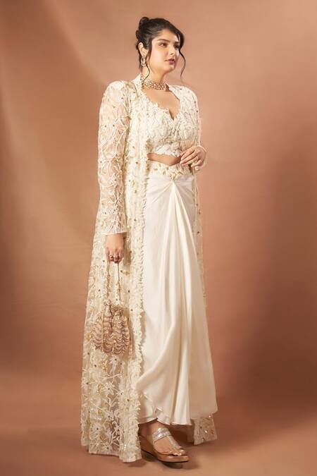 Shop Asaga Ivory Tulle, Satin, Organza Cut Work, Moon Pie Hand Jacket And Skirt Set Shop_Asaga_Ivory Tulle, Satin, Organza Cut Work, Moon Pie Hand Jacket And Skirt Set