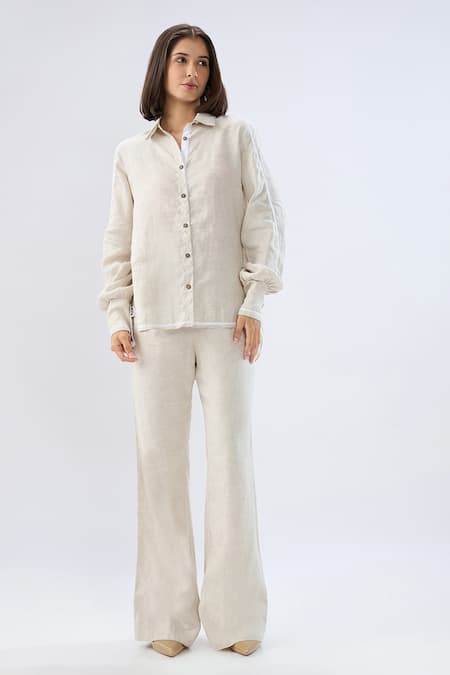 Buy Raw & Rustic By Niti Bothra Beige Linen Collared, Button-down Neck Shirt And Pant Set Online at Aza Fashions Buy_Raw & Rustic By Niti Bothra_Beige Linen Collared, Button-down Neck Shirt And Pant Set _Online_at_Aza_Fashions
