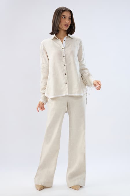 Shop Raw & Rustic By Niti Bothra Beige Linen Collared, Button-down Neck Shirt And Pant Set Online at Aza Fashions Shop_Raw & Rustic By Niti Bothra_Beige Linen Collared, Button-down Neck Shirt And Pant Set _Online_at_Aza_Fashions