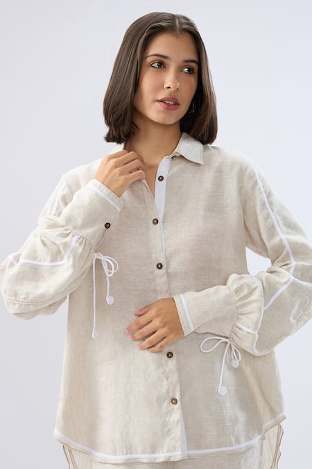 Raw & Rustic By Niti Bothra Beige Linen Collared, Button-down Neck Shirt And Pant Set at Aza Fashions Raw & Rustic By Niti Bothra_Beige Linen Collared, Button-down Neck Shirt And Pant Set _at_Aza_Fashions