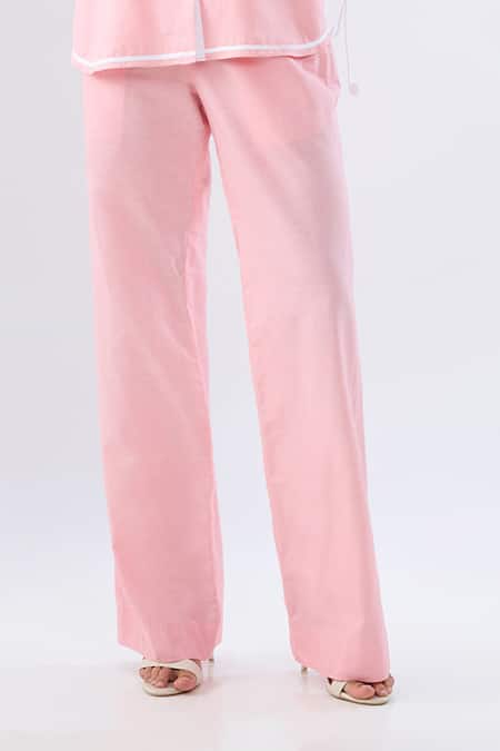 Raw & Rustic By Niti Bothra Pink Linen Collared, V-neck Shirt And Pant Set Online at Aza Fashions Raw & Rustic By Niti Bothra_Pink Linen Collared, V-neck Shirt And Pant Set _Online_at_Aza_Fashions