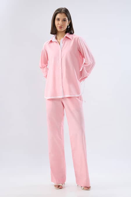 Buy Raw & Rustic By Niti Bothra Pink Linen Collared, V-neck Shirt And Pant Set Online at Aza Fashions Buy_Raw & Rustic By Niti Bothra_Pink Linen Collared, V-neck Shirt And Pant Set _Online_at_Aza_Fashions