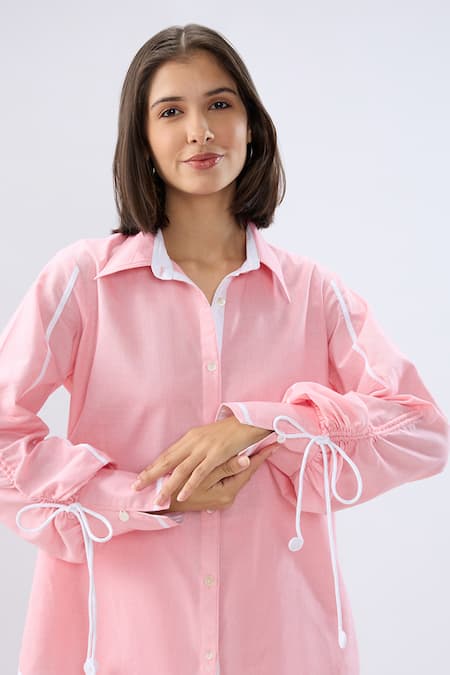 Shop Raw & Rustic By Niti Bothra Pink Linen Collared, V-neck Shirt And Pant Set Online at Aza Fashions Shop_Raw & Rustic By Niti Bothra_Pink Linen Collared, V-neck Shirt And Pant Set _Online_at_Aza_Fashions