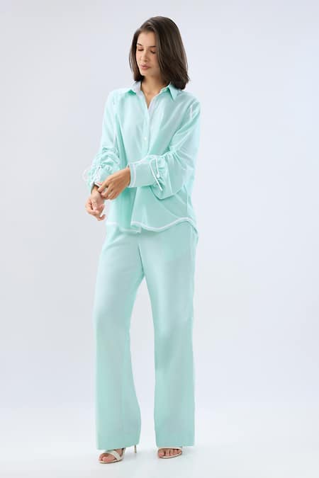 Raw & Rustic By Niti Bothra Blue Linen Collared, V-neck Shirt And Pant Set Online at Aza Fashions Raw & Rustic By Niti Bothra_Blue Linen Collared, V-neck Shirt And Pant Set _Online_at_Aza_Fashions