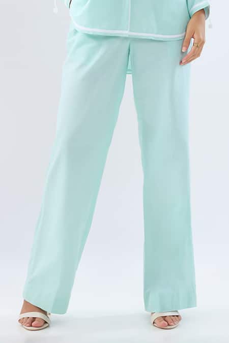 Shop Raw & Rustic By Niti Bothra Blue Linen Collared, V-neck Shirt And Pant Set Online at Aza Fashions Shop_Raw & Rustic By Niti Bothra_Blue Linen Collared, V-neck Shirt And Pant Set _Online_at_Aza_Fashions