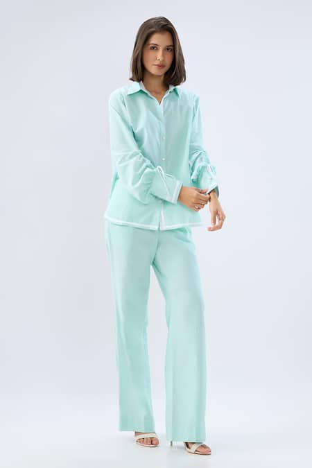 Buy Raw & Rustic By Niti Bothra Blue Linen Collared, V-neck Shirt And Pant Set Buy_Raw & Rustic By Niti Bothra_Blue Linen Collared, V-neck Shirt And Pant Set