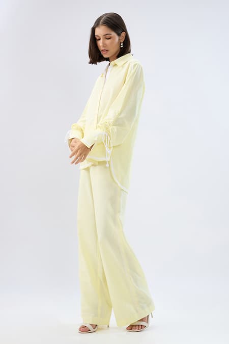 Raw & Rustic By Niti Bothra Yellow Linen Collared Shirt And Pant Set Online at Aza Fashions Raw & Rustic By Niti Bothra_Yellow Linen Collared Shirt And Pant Set _Online_at_Aza_Fashions