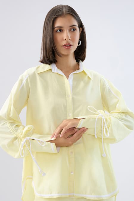 Shop Raw & Rustic By Niti Bothra Yellow Linen Collared Shirt And Pant Set Online at Aza Fashions Shop_Raw & Rustic By Niti Bothra_Yellow Linen Collared Shirt And Pant Set _Online_at_Aza_Fashions