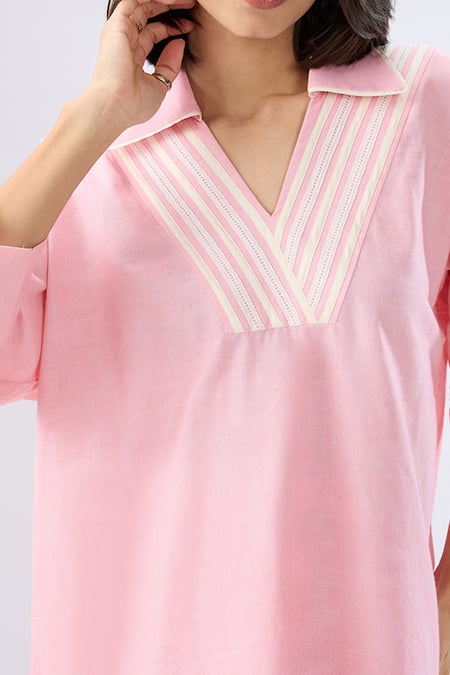 Raw & Rustic By Niti Bothra Pink Linen Collared, V-neck Top And Pant Set Online at Aza Fashions Raw & Rustic By Niti Bothra_Pink Linen Collared, V-neck Top And Pant Set _Online_at_Aza_Fashions