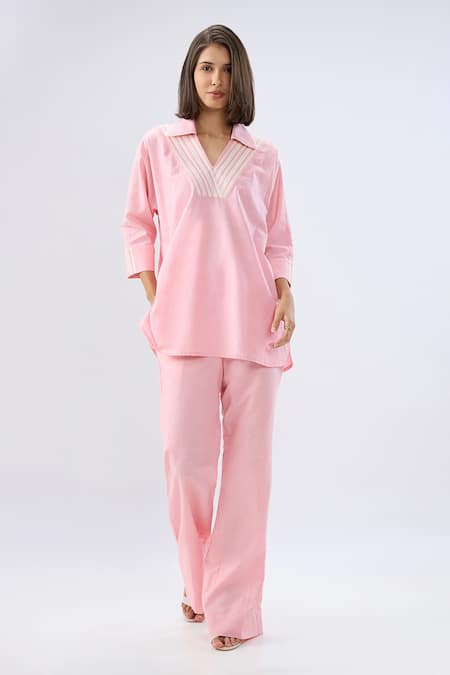 Shop Raw & Rustic By Niti Bothra Pink Linen Collared, V-neck Top And Pant Set Online at Aza Fashions Shop_Raw & Rustic By Niti Bothra_Pink Linen Collared, V-neck Top And Pant Set _Online_at_Aza_Fashions