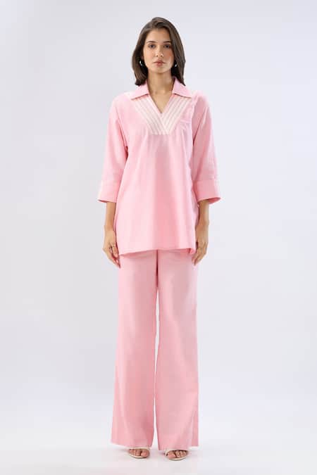 Raw & Rustic By Niti Bothra Pink Linen Collared, V-neck Top And Pant Set at Aza Fashions Raw & Rustic By Niti Bothra_Pink Linen Collared, V-neck Top And Pant Set _at_Aza_Fashions