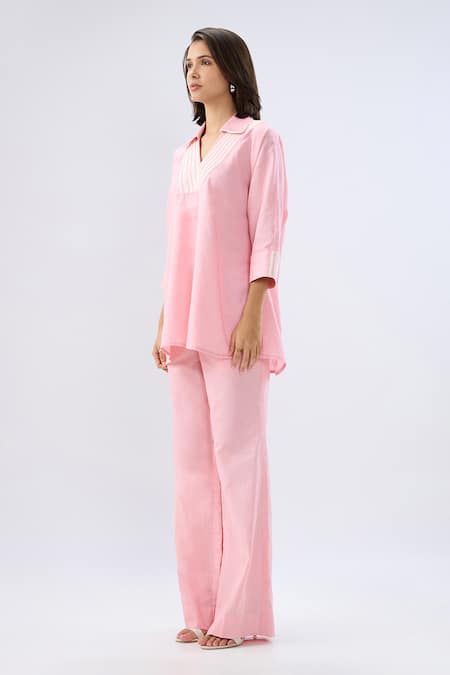 Buy Raw & Rustic By Niti Bothra Pink Linen Collared, V-neck Top And Pant Set Buy_Raw & Rustic By Niti Bothra_Pink Linen Collared, V-neck Top And Pant Set