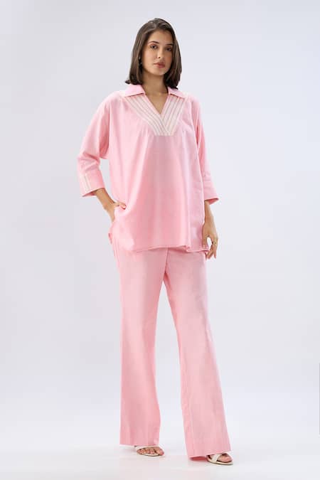 Shop Raw & Rustic By Niti Bothra Pink Linen Collared, V-neck Top And Pant Set Shop_Raw & Rustic By Niti Bothra_Pink Linen Collared, V-neck Top And Pant Set