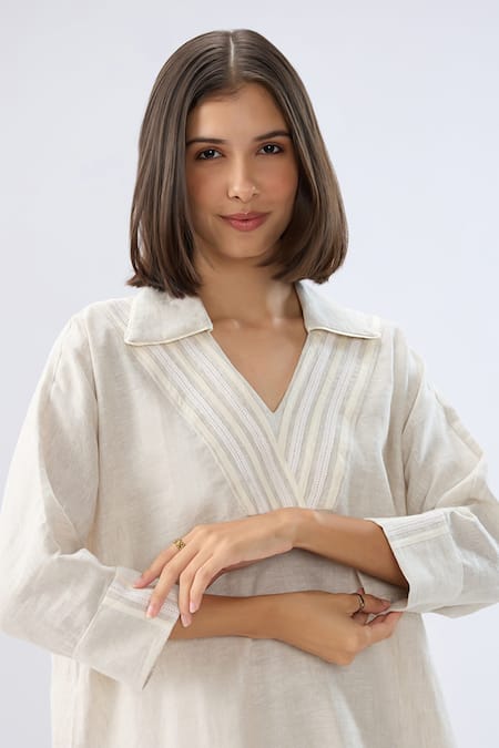 Raw & Rustic By Niti Bothra Beige Linen Embroidery Collared, Split V-neck Top And Pant Set Online at Aza Fashions Raw & Rustic By Niti Bothra_Beige Linen Embroidery Collared, Split V-neck Top And Pant Set _Online_at_Aza_Fashions