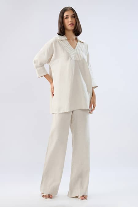 Raw & Rustic By Niti Bothra Linen V-Neck Top & Pant Set 