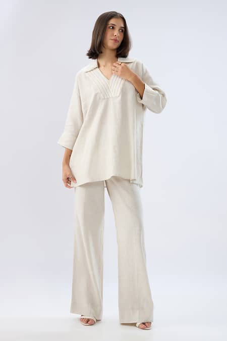 Buy Raw & Rustic By Niti Bothra Beige Linen Embroidery Collared, Split V-neck Top And Pant Set Online at Aza Fashions Buy_Raw & Rustic By Niti Bothra_Beige Linen Embroidery Collared, Split V-neck Top And Pant Set _Online_at_Aza_Fashions