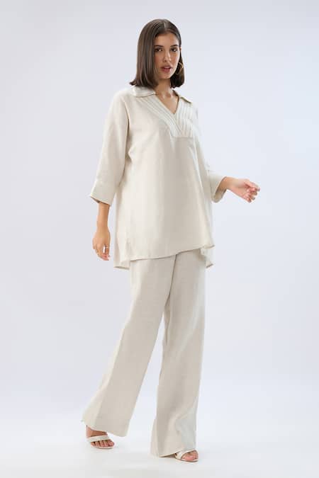 Shop Raw & Rustic By Niti Bothra Beige Linen Embroidery Collared, Split V-neck Top And Pant Set Online at Aza Fashions Shop_Raw & Rustic By Niti Bothra_Beige Linen Embroidery Collared, Split V-neck Top And Pant Set _Online_at_Aza_Fashions
