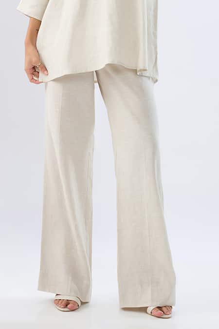 Raw & Rustic By Niti Bothra Beige Linen Embroidery Collared, Split V-neck Top And Pant Set at Aza Fashions Raw & Rustic By Niti Bothra_Beige Linen Embroidery Collared, Split V-neck Top And Pant Set _at_Aza_Fashions