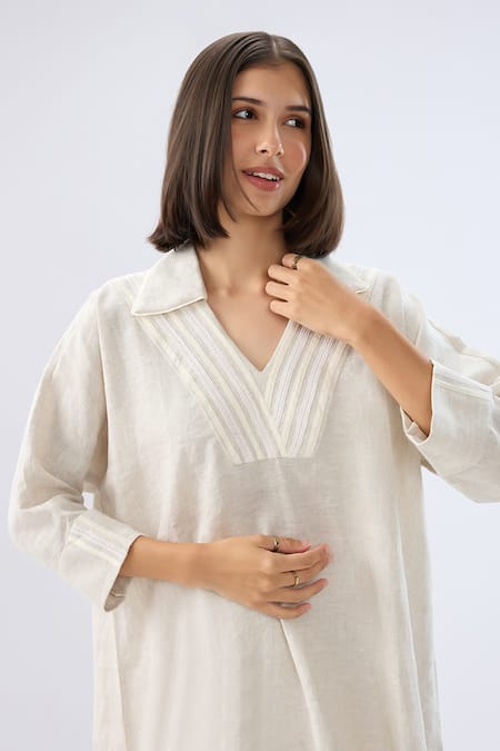 Buy Raw & Rustic By Niti Bothra Beige Linen Embroidery Collared, Split V-neck Top And Pant Set Buy_Raw & Rustic By Niti Bothra_Beige Linen Embroidery Collared, Split V-neck Top And Pant Set