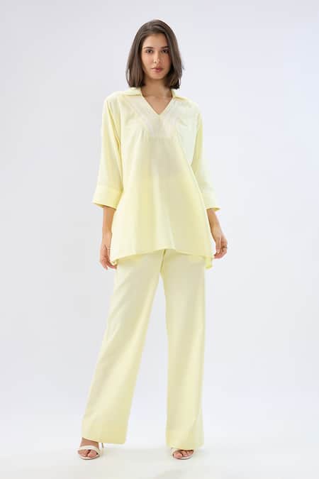 Raw & Rustic By Niti Bothra Yellow Linen Embroidery V-neck, Collared Top And Pant Set Online at Aza Fashions Raw & Rustic By Niti Bothra_Yellow Linen Embroidery V-neck, Collared Top And Pant Set _Online_at_Aza_Fashions