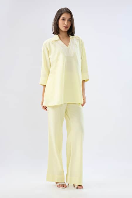 Shop Raw & Rustic By Niti Bothra Yellow Linen Embroidery V-neck, Collared Top And Pant Set Online at Aza Fashions Shop_Raw & Rustic By Niti Bothra_Yellow Linen Embroidery V-neck, Collared Top And Pant Set _Online_at_Aza_Fashions
