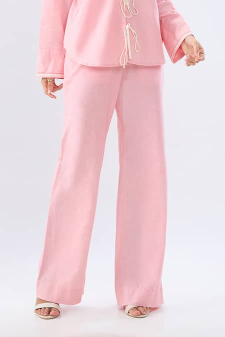 Raw & Rustic By Niti Bothra Pink Linen Piping V-neck, Collared Tie-up Shirt With Pant Online at Aza Fashions Raw & Rustic By Niti Bothra_Pink Linen Piping V-neck, Collared Tie-up Shirt With Pant _Online_at_Aza_Fashions
