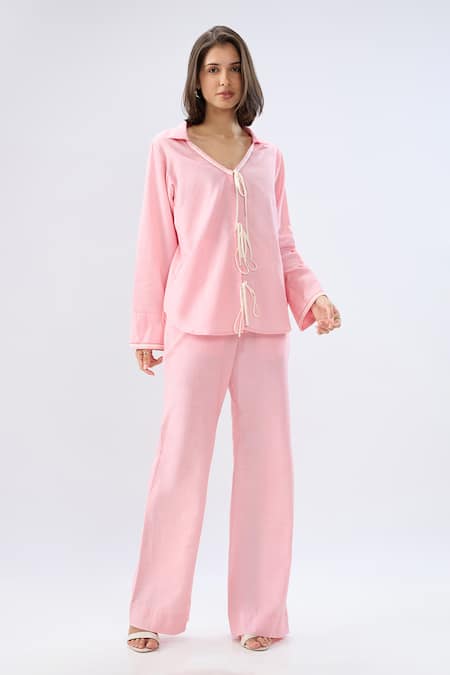 Buy Raw & Rustic By Niti Bothra Pink Linen Piping V-neck, Collared Tie-up Shirt With Pant Online at Aza Fashions Buy_Raw & Rustic By Niti Bothra_Pink Linen Piping V-neck, Collared Tie-up Shirt With Pant _Online_at_Aza_Fashions