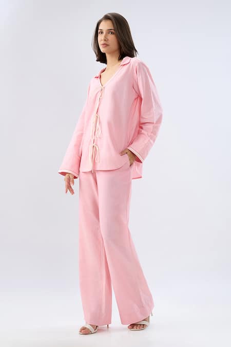 Shop Raw & Rustic By Niti Bothra Pink Linen Piping V-neck, Collared Tie-up Shirt With Pant Online at Aza Fashions Shop_Raw & Rustic By Niti Bothra_Pink Linen Piping V-neck, Collared Tie-up Shirt With Pant _Online_at_Aza_Fashions
