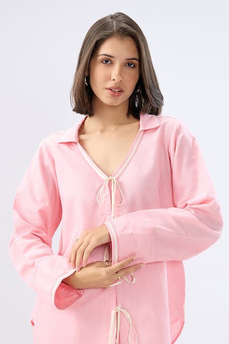 Buy Raw & Rustic By Niti Bothra Pink Linen Piping V-neck, Collared Tie-up Shirt With Pant Buy_Raw & Rustic By Niti Bothra_Pink Linen Piping V-neck, Collared Tie-up Shirt With Pant