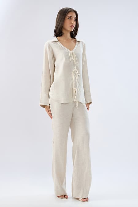 Raw & Rustic By Niti Bothra Beige Linen V-neck, Collared Tie-up Shirt With Pant Online at Aza Fashions Raw & Rustic By Niti Bothra_Beige Linen V-neck, Collared Tie-up Shirt With Pant _Online_at_Aza_Fashions