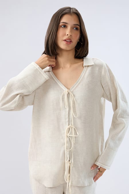 Shop Raw & Rustic By Niti Bothra Beige Linen V-neck, Collared Tie-up Shirt With Pant Online at Aza Fashions Shop_Raw & Rustic By Niti Bothra_Beige Linen V-neck, Collared Tie-up Shirt With Pant _Online_at_Aza_Fashions