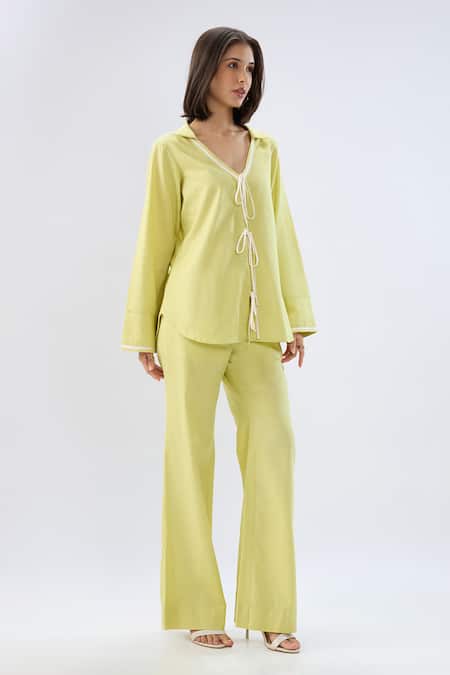 Buy Raw & Rustic By Niti Bothra Green Linen V-neck, Collared Drawstring Top And Pant Set Online at Aza Fashions Buy_Raw & Rustic By Niti Bothra_Green Linen V-neck, Collared Drawstring Top And Pant Set _Online_at_Aza_Fashions