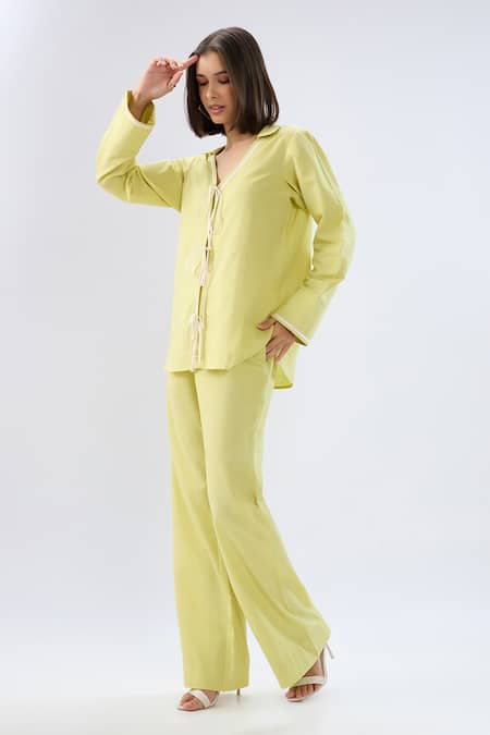 Shop Raw & Rustic By Niti Bothra Green Linen V-neck, Collared Drawstring Top And Pant Set Online at Aza Fashions Shop_Raw & Rustic By Niti Bothra_Green Linen V-neck, Collared Drawstring Top And Pant Set _Online_at_Aza_Fashions