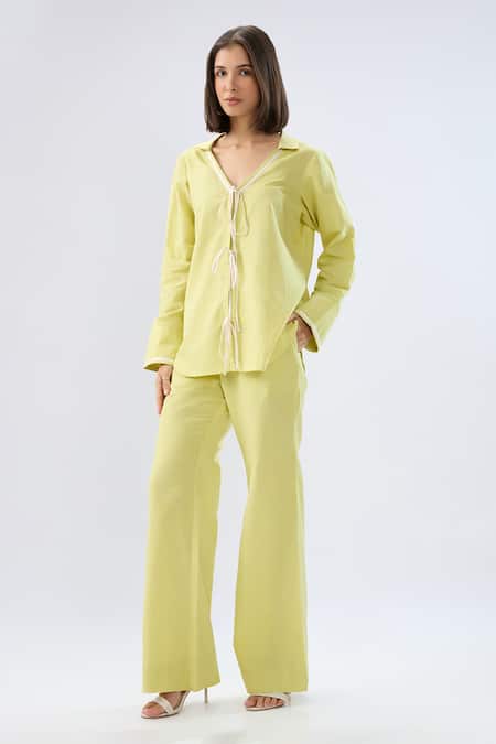 Raw & Rustic By Niti Bothra Green Linen V-neck, Collared Drawstring Top And Pant Set at Aza Fashions Raw & Rustic By Niti Bothra_Green Linen V-neck, Collared Drawstring Top And Pant Set _at_Aza_Fashions