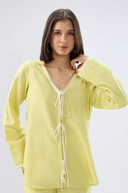 Buy Raw & Rustic By Niti Bothra Green Linen V-neck, Collared Drawstring Top And Pant Set Buy_Raw & Rustic By Niti Bothra_Green Linen V-neck, Collared Drawstring Top And Pant Set