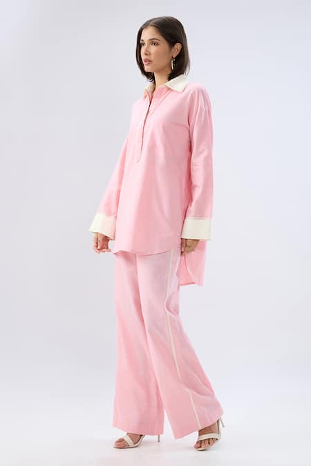 Buy Raw & Rustic By Niti Bothra Pink Linen Collared, V-neck Top And Pant Set Online at Aza Fashions Buy_Raw & Rustic By Niti Bothra_Pink Linen Collared, V-neck Top And Pant Set _Online_at_Aza_Fashions