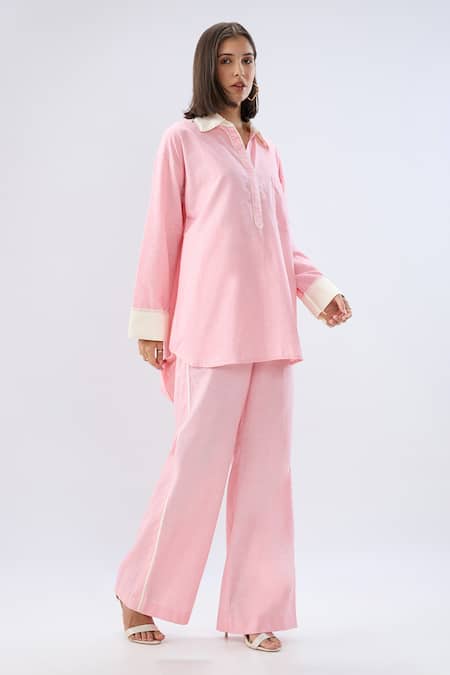 Shop Raw & Rustic By Niti Bothra Pink Linen Collared, V-neck Top And Pant Set Online at Aza Fashions Shop_Raw & Rustic By Niti Bothra_Pink Linen Collared, V-neck Top And Pant Set _Online_at_Aza_Fashions