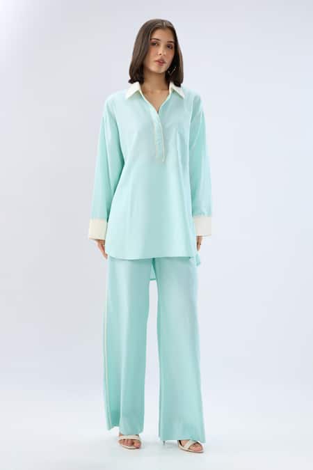 Shop Raw & Rustic By Niti Bothra Blue Linen Collared, V-neck Top And Pant Set Online at Aza Fashions Shop_Raw & Rustic By Niti Bothra_Blue Linen Collared, V-neck Top And Pant Set _Online_at_Aza_Fashions