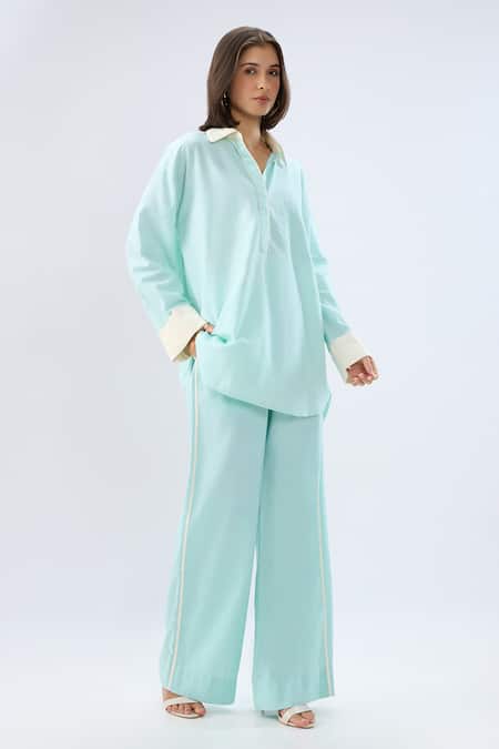 Raw & Rustic By Niti Bothra Blue Linen Collared, V-neck Top And Pant Set at Aza Fashions Raw & Rustic By Niti Bothra_Blue Linen Collared, V-neck Top And Pant Set _at_Aza_Fashions